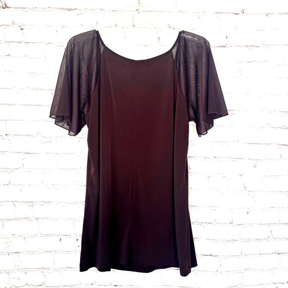 Vintage Suzie Wms L Brown Jersey Knit Tunic Top Sheer Flared Sleeves - Picture 2 of 8